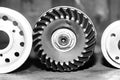 Machinery concept. Set of various gears and ball bearings Royalty Free Stock Photo