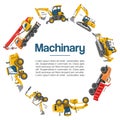 Machinery and construction equipment cars vector poster. Special machines for the building work. Forklifts, cranes