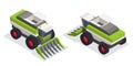 Machinery for textile and spinning industry isometric icons set of two harvesting machine for collecting raw cotton vector Royalty Free Stock Photo