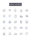 Machines line icons collection. Gearworks, Automatons, Mechanisms, Contraptions, Robotics, Engines, Apparatuses vector