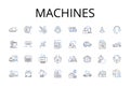 Machines line icons collection. Gearworks, Automatons, Mechanisms, Contraptions, Robotics, Engines, Apparatuses vector