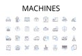 Machines line icons collection. Gearworks, Automatons, Mechanisms, Contraptions, Robotics, Engines, Apparatuses vector