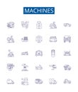 Machines line icons signs set. Design collection of Robots, Automata, Computers, Electronics, Tools, Engines, Gadgets