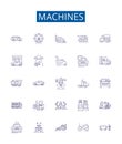 Machines line icons signs set. Design collection of Robots, Automata, Computers, Electronics, Tools, Engines, Gadgets