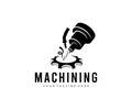 Machining, CNC milling machine makes a gear, logo design. Metalworking, coolant and lubrication in gear metalwork industry, vector