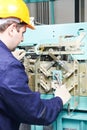 Machinist with spanner adjusting lift mechanism Royalty Free Stock Photo