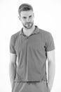 Macho in active wear for workout or training. Man in tshirt and shorts isolated on white background. Bearded man in blue