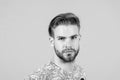 Macho with bearded face, beard. Man with blond hair, haircut. Grooming and hair care in beauty salon, barbershop Royalty Free Stock Photo