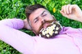 Macho with daisies in beard relaxing. Bearded man with daisy flowers in beard lay on grassplot, grass background. Man Royalty Free Stock Photo