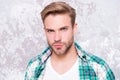 Macho man grunge background. male fashion spring collection. charismatic student checkered shirt. unshaven man care his Royalty Free Stock Photo