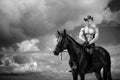 Macho man handsome cowboy and horse on the background of sky and water.