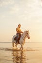 Macho man and horse on the background of sky and water. Boy mode Royalty Free Stock Photo