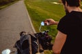 Man looking at the mirror on his motorcycle Royalty Free Stock Photo