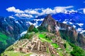 Machu Picchu, Cusco, Peru: Overview of the lost inca city Machu Picchu with Wayna Picchu peak Royalty Free Stock Photo