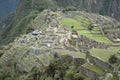 Looking down on Machu Picchu site from the hillside above. Machu Picchu, Peru, October 6, 2023. Royalty Free Stock Photo