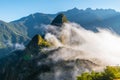 Machu Picchu site in sunrise mist covering the lost city of Incas, Cuzco, Peru, South America