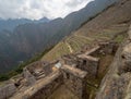 Machu Picchu terraces and stone walls, built on the andes mountain range Royalty Free Stock Photo
