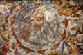 Macka, Trabzon, Turkey - August 3, 2014; Sumela monastery courtyard under the rock. Remains of old fresco are seen on several