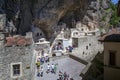 Macka, Trabzon, Turkey - August 3, 2014; Sumela monastery courtyard under the rock. Remains of old fresco are seen on several