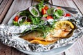 Mackerel baked in foil with vegetables on a plate. Royalty Free Stock Photo