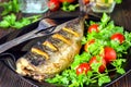 Mackerel baked with lemon. Fish on a plate with vegetables Royalty Free Stock Photo