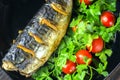 Mackerel baked with lemon. Fish on a plate with vegetables Royalty Free Stock Photo