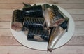 Mackerel cut into pieces, placed on a plate. Royalty Free Stock Photo