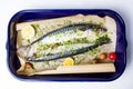 Mackerel fish with cooking ingredients on a pan Royalty Free Stock Photo