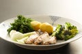 Mackerel fish dish with potatoes, broccoli, onions and parsley. Fatty, oily fish is an excellent and healthy source Royalty Free Stock Photo