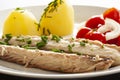 Mackerel fish dish with potatoes, chives and tomato salad. Fatty, oily fish is an excellent and healthy source of DHA and EPA, whi Royalty Free Stock Photo