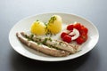 Mackerel fish dish with potatoes, chives and tomato salad. Fatty, oily fish is an excellent and healthy source of DHA and EPA, whi Royalty Free Stock Photo