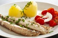 Mackerel fish dish with potatoes, chives and tomato salad. Fatty, oily fish is an excellent and healthy source of DHA and EPA, whi Royalty Free Stock Photo