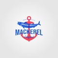 Mackerel fish logo vintage seafood with anchor label badge vector illustration Royalty Free Stock Photo