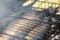 Mackerel fish roast on grill barbecue with vegetables, bonfire coals with fire,