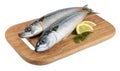 Mackerel fish on wooden plate isolated Royalty Free Stock Photo