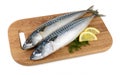 Mackerel fish on wooden plate isolated Royalty Free Stock Photo
