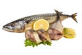 mackerel, smoked fish with lemon and herbs, mackerel cut into pieces isolated