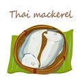 Mackerel steamed for deep fried popular food in Thailand two of them always packed in circle basket on banana leaf.