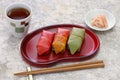 Mackerel sushi wrapped by persimmon leaf; japanese food