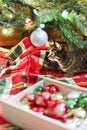 Mackerel Tabby striped cat sitting by Christmas tree decorated with balls and garland ligths on red blanket Chinese New Year