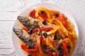 Mackerel in vegetable marinade close-up on the table. horizontal Royalty Free Stock Photo