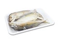 Mackerels steamed in a pack on white background