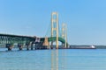 Mackinac bridge, freighter Royalty Free Stock Photo