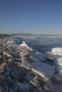 Mackinaw bridge in winter time from Lake Huron coast Royalty Free Stock Photo