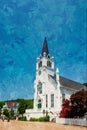 Mackinaw Island, MI - July 14, 2021: Digitally created watercolor painting of the historical St. Anne's Church Royalty Free Stock Photo