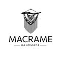 Macrame logo, Hand made. Knitting in boho style from cotton cord, original finishing. Line art, vector, black and white.