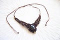 technique waxed string necklace with gemstone obsidian