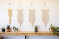 macrame wall hangings displayed in a row