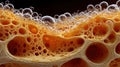 Macro abstract background showing soap bubbles foam texture on porous orange sponge surface structure expressing clean fresh Royalty Free Stock Photo