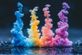 Ink diffusing in water, forming swirling clouds of vibrant colors
